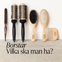 Olika Green Heads-hårborstar och bred träkam uppradade på ljus yta – utredningsborste, rundborstar och träpiggsborste.