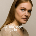 Närbild på kvinna med lent, glansigt hår och texten Certifieringsdjungeln, omslagsbild till Green Heads blogg om certifieringar och ekologisk hårvård.