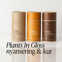Tre cylindriska förpackningar av Green Heads växtfärg Plants In Colour i beige, koppar och varm brun nyans för naturlig hårfärgning hemma.