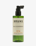 Bruns balsamspray nummer 18 är en återfuktande balsamspray som ger fukt och lyster. En grön sprayflaska med vit etikett.